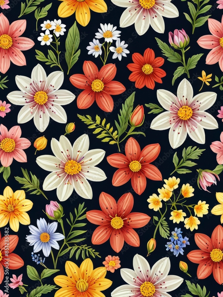 Seamless floral pattern with white, orange, and yellow flowers on dark background.