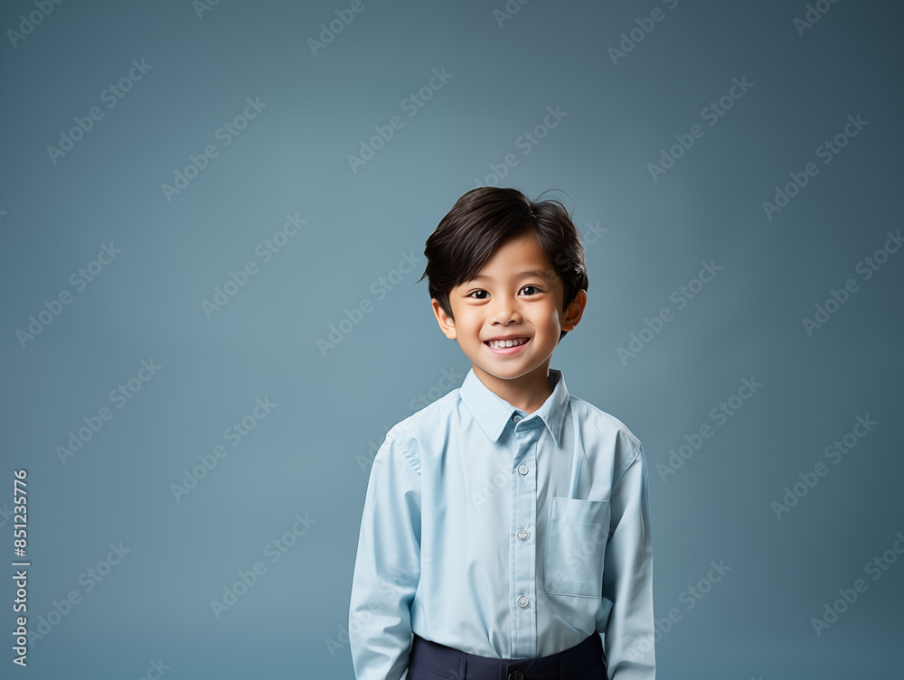 Portrait of an Asian kid wearing a blue outfit on an isolated background with copy space Portrait of an Asian kid wearing a blue outfit on an isolated background with copy space