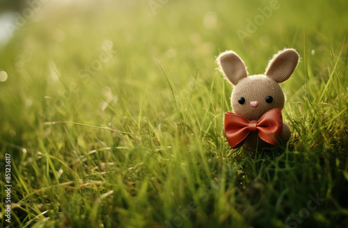 Easter Bunny, A cute little rabbit stuffed animal with a red bow tie sits in a field of tall green grass.