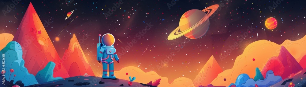 Naklejka premium A colorful space scene with a man in a blue spacesuit standing on a hill