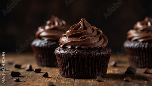 Dark chocolate cupcakes with chocolate frosting on dark wooden background, delicious homemade cupcakes. photo