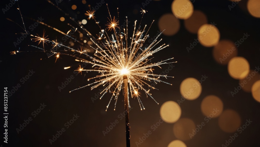 Obraz premium Burning sparkler with bokeh light background, extra wide with copy space.