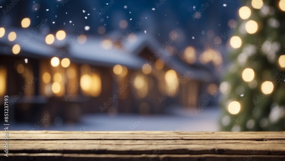 Blurred winter holiday background with vintage wooden table in front.