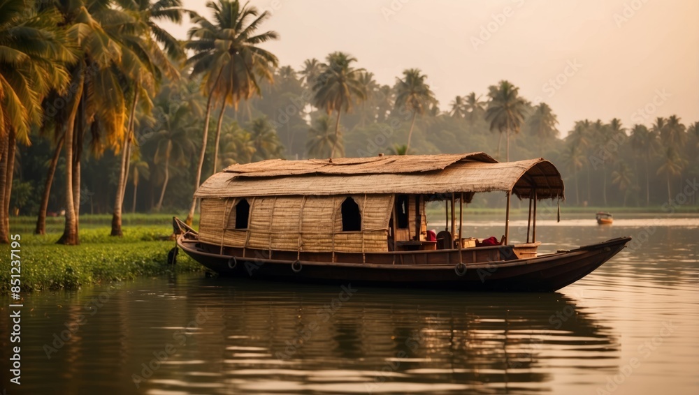 A traditional house boat is anchored on the shores of a fishing lake in Kerala's Backwaters, India. A traditional house boat is anchored on the shores of a fishing lake in Kerala's Backwaters, India.