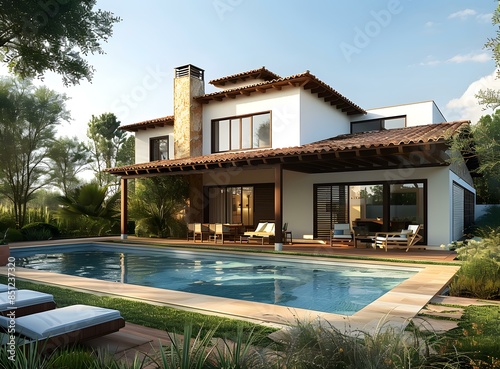 A luxurious modern villa with a pool