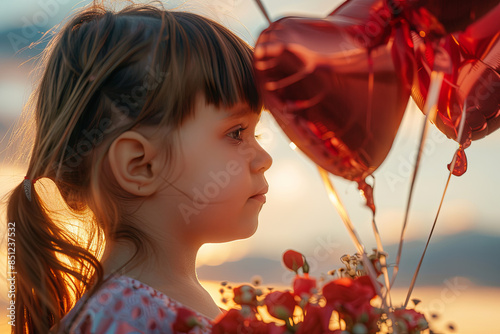 Adorable little girl gazing at red heart-shaped balloons and holding a bouquet of flowers against a sunset sky, evoking themes of love, innocence, and special occasions like weddings or Valentine's