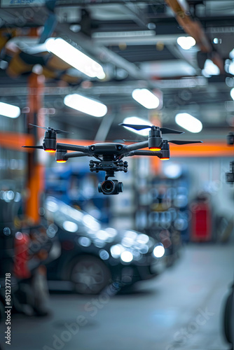 Advanced spare part delivery drone at a leading automotive service center's garage storage, efficiently transporting mechanical components for car maintenance