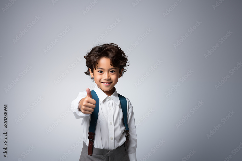 Portrait of an Asian kid wearing a black-white outfit on an isolated background with copy space