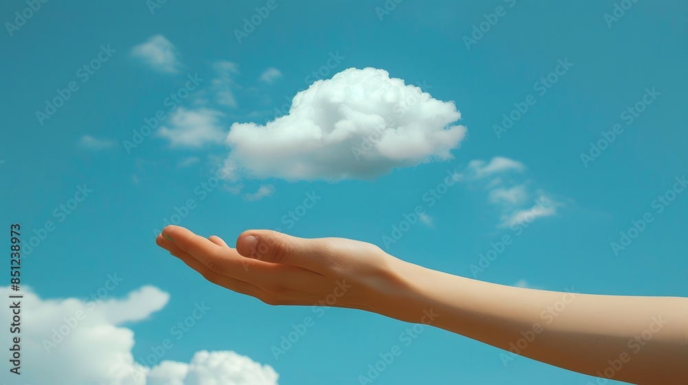 Floating Cloud Above Hand: A small, fluffy cloud floating just above an outstretched hand against a vibrant blue sky. Floating Cloud Above Hand: A small, fluffy cloud floating just above an outstretched hand against a vibrant blue sky.