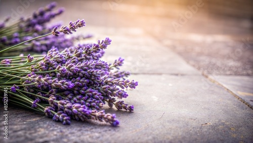 Soft Blur Lavender on Stone: Lavender flowers lying on a stone floor, softly blurred for a calming background with ample copy space. 