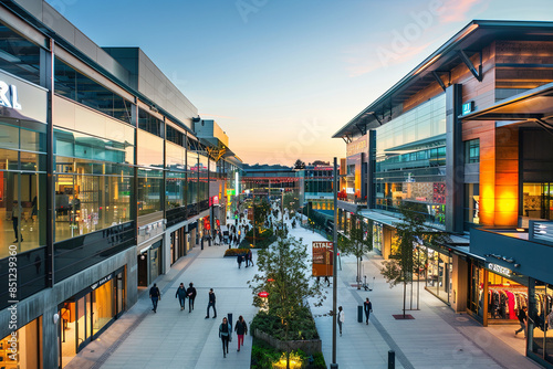 Exterior view of a bustling shopping mall, showcasing the modern architecture and vibrant atmosphere of the retail complex
 photo