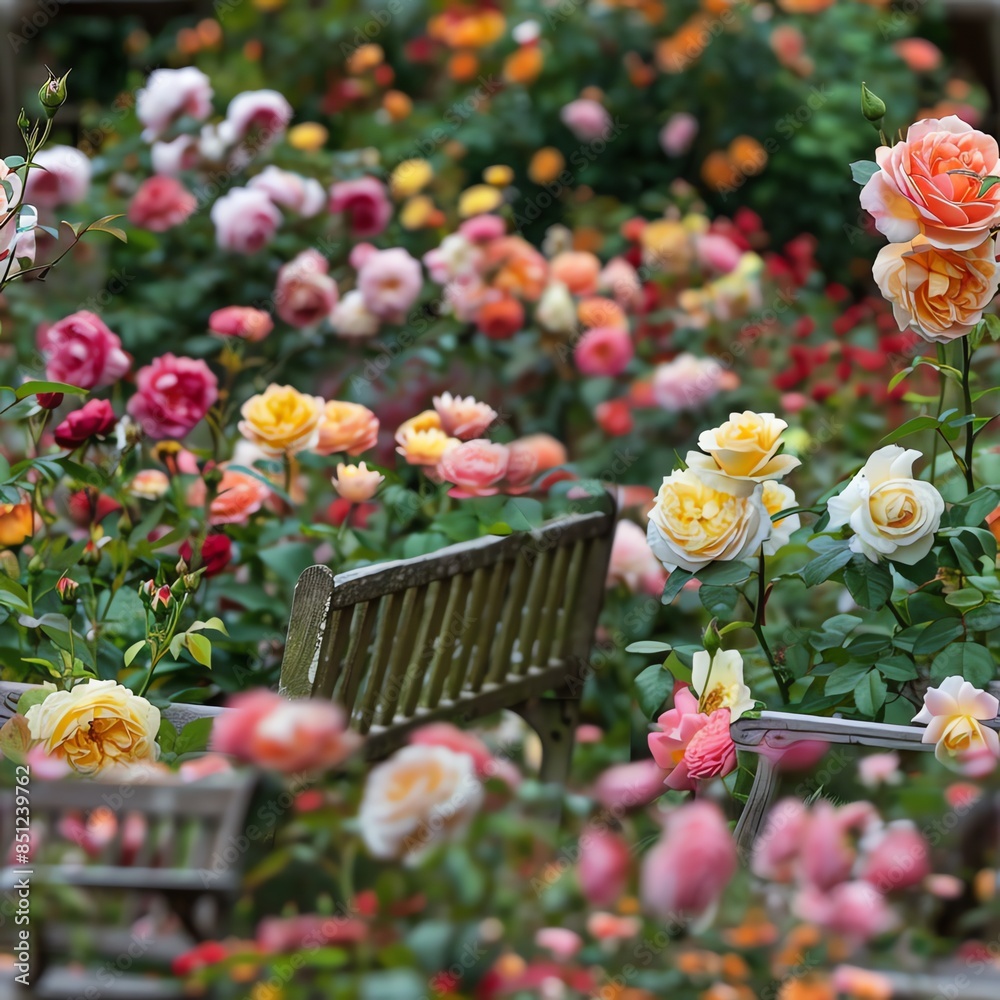 A lush rose garden in full bloom, showcasing a variety of colorful roses with a vintage garden bench in the background, perfect for romantic and garden themes--style raw A lush rose garden in full bloom, showcasing a variety of colorful roses with a vintage garden bench in the background, perfect for romantic and garden themes--style raw