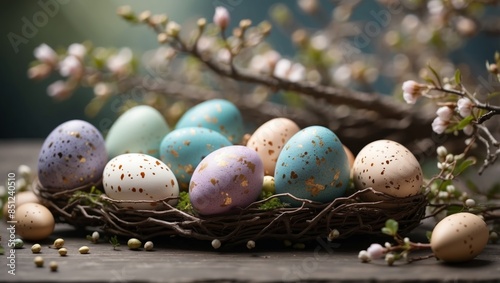 An elegant display of speckled Easter eggs among delicate branches, perfect for spring holidays and decor. photo