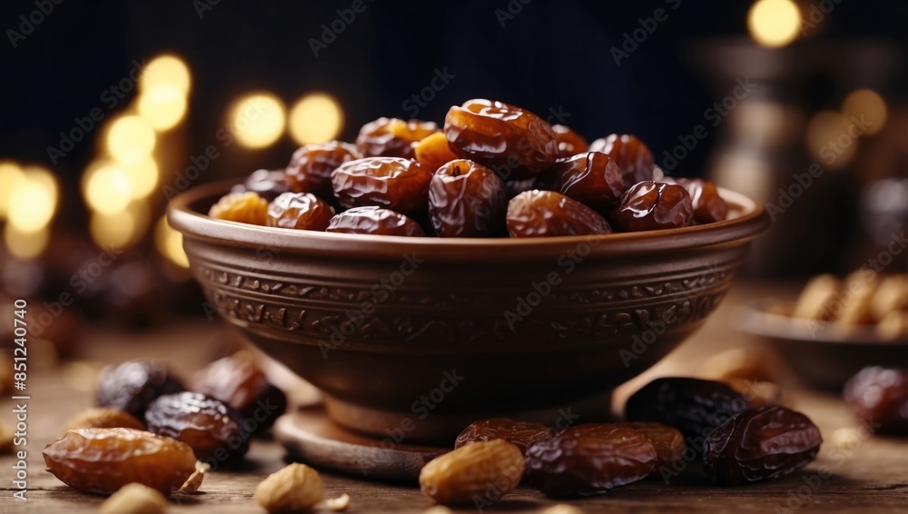A bowl of dates and nuts, traditional foods to break a fast. A bowl of dates and nuts, traditional foods to break a fast.