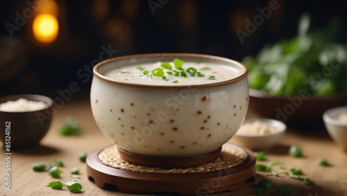 Boozy Makgeolli Korean Rice Wine, Rice Cake Soup, Chinese traditional food. photo