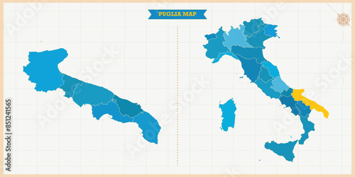 A Map highlighting Puglia in the Italy Map, Puglia and Italy modern map with Colorful Hi detailed Vector, geographical borders