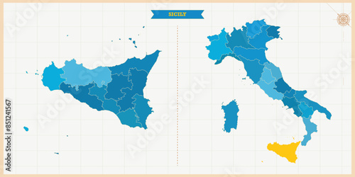 A Map highlighting Sicily in the Italy Map, Sicily and Italy modern map with Colorful Hi detailed Vector, geographical borders