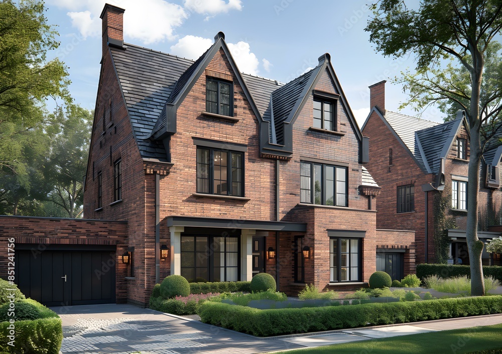 A beautiful two-story house with a black garage door and a black front door A beautiful two-story house with a black garage door and a black front door