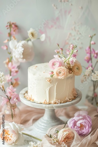 Elegant White Frosted Cake on Decorative Stand Against a Soft Background, Perfect for Birthdays, Weddings, and Special Celebrations