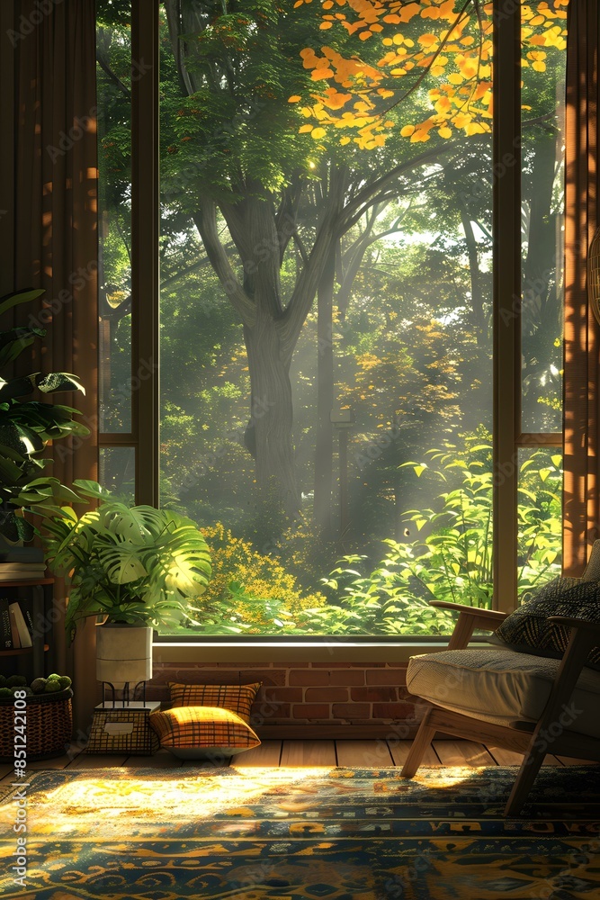 Sunlit living room with forest view Sunlit living room with forest view