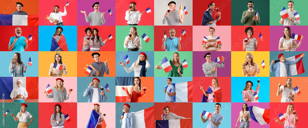Naklejka premium Collage of many French people on color background
