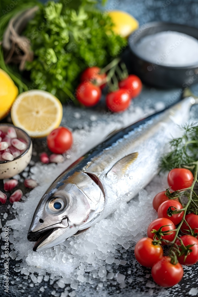 Fresh Tuna Fish on Ice with Herbs and Vegetables Fresh Tuna Fish on Ice with Herbs and Vegetables
