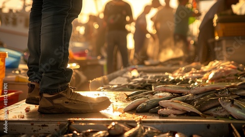 At sunrise in a bustling fish market, a man in boat shoes carefully selects the freshest catch, savoring the lively chatter. photo
