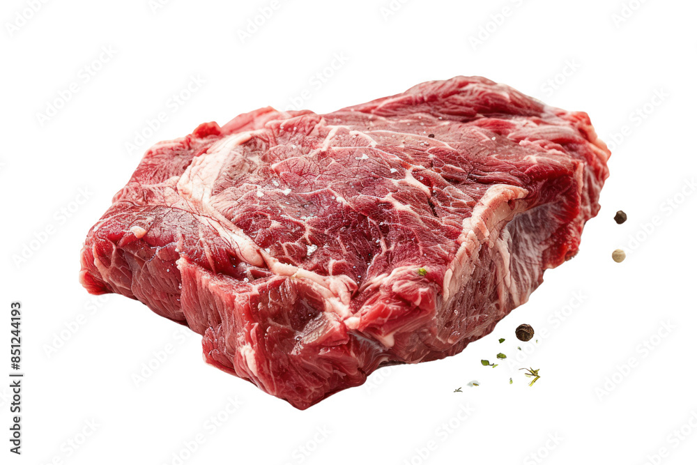 Close-up of a raw ribeye steak with the marbling beautifully displayed. Isolated on a white background