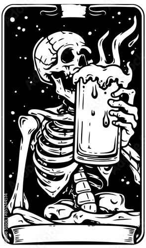 Tarot card Black and white illustration of a skeleton enjoying a large, frothy beer mug, creating a humorous and eerie vibe.
