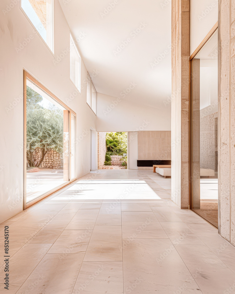 Obraz premium Empty designer modern living room filled with natural window lighting in a mix of warm and neutral colors. Real Estate interior design composition.