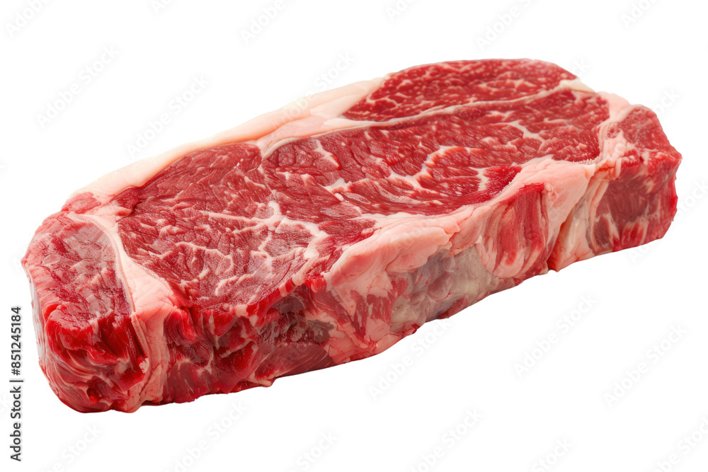 Close-up of a raw ribeye steak with the marbling beautifully displayed. Isolated on a white background Close-up of a raw ribeye steak with the marbling beautifully displayed. Isolated on a white background