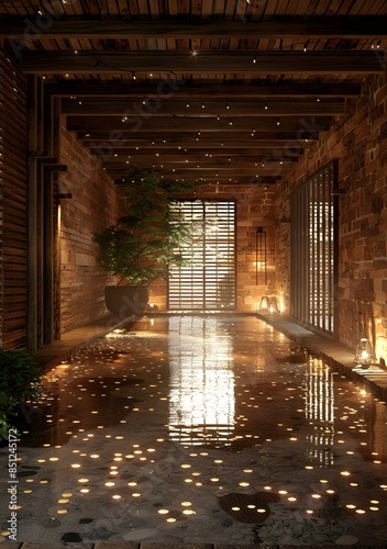 Indoor hot spring with brick walls and stone floors