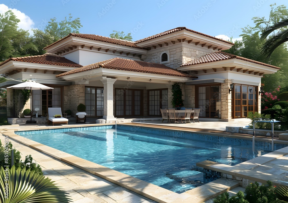 Fototapeta premium A luxurious villa with a pool and a beautiful garden