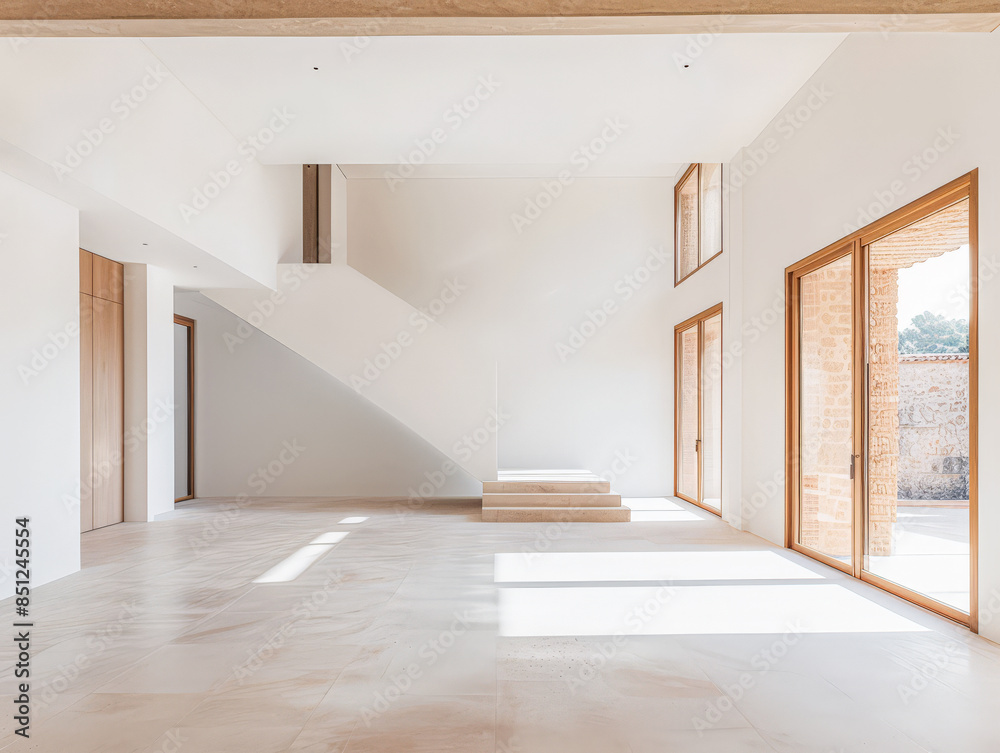 Obraz premium Empty designer modern living room filled with natural window lighting in a mix of warm and neutral colors. Real Estate interior design composition.