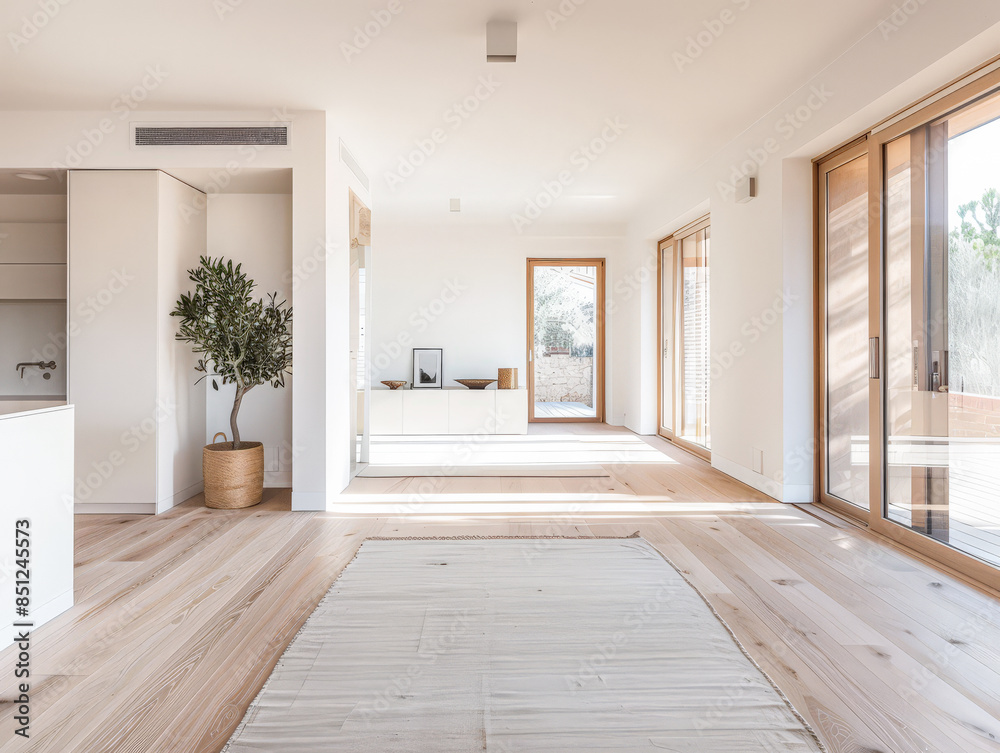 Empty designer modern living room filled with natural window lighting in a mix of warm and neutral colors. Real Estate interior design composition. Empty designer modern living room filled with natural window lighting in a mix of warm and neutral colors. Real Estate interior design composition.