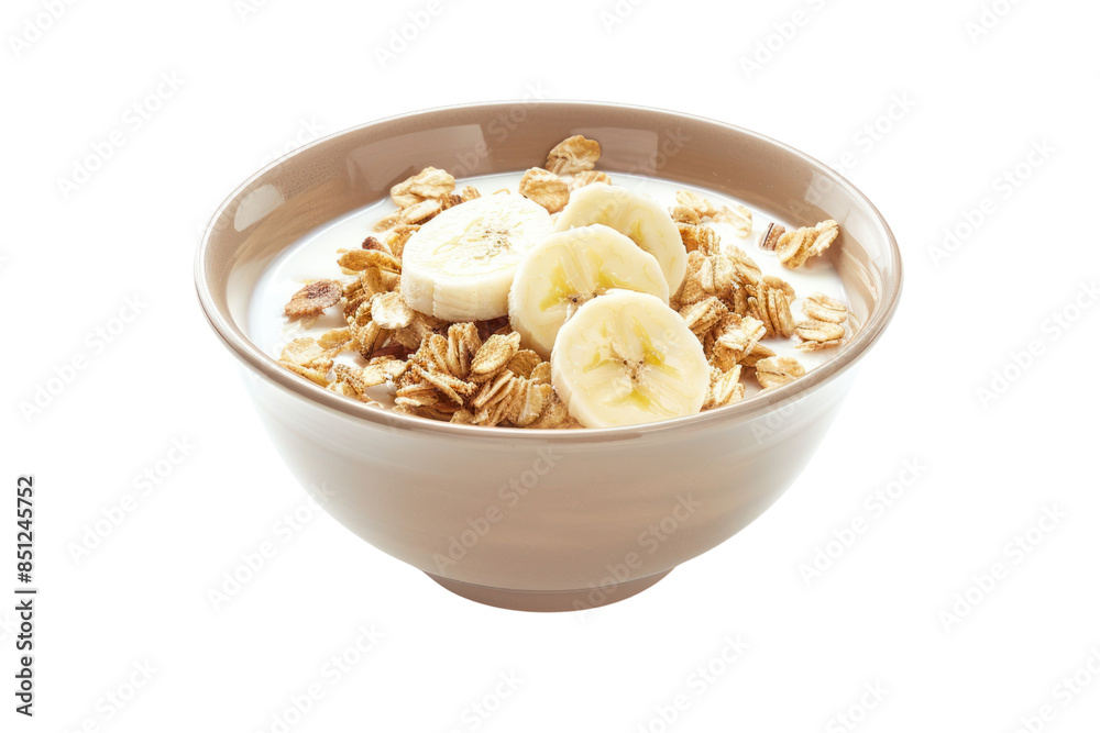 Cereal with milk served with bananas isolated on white background. Cereal with milk served with bananas isolated on white background.
