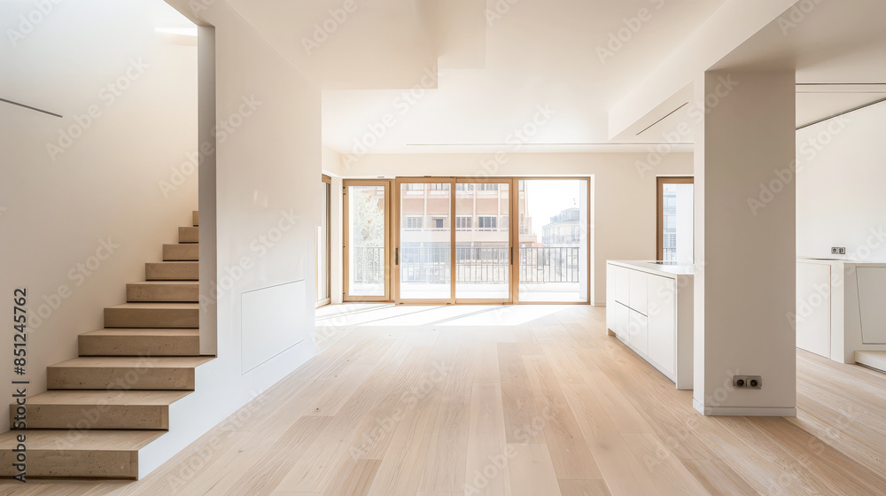 Obraz premium Empty designer modern living room filled with natural window lighting in a mix of warm and neutral colors. Real Estate interior design composition.