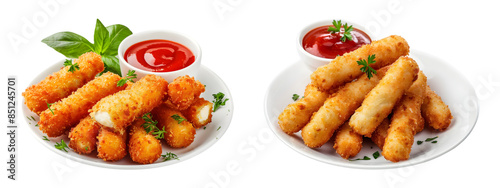 Fried mozzarella sticks with sauce in plate on transparent background