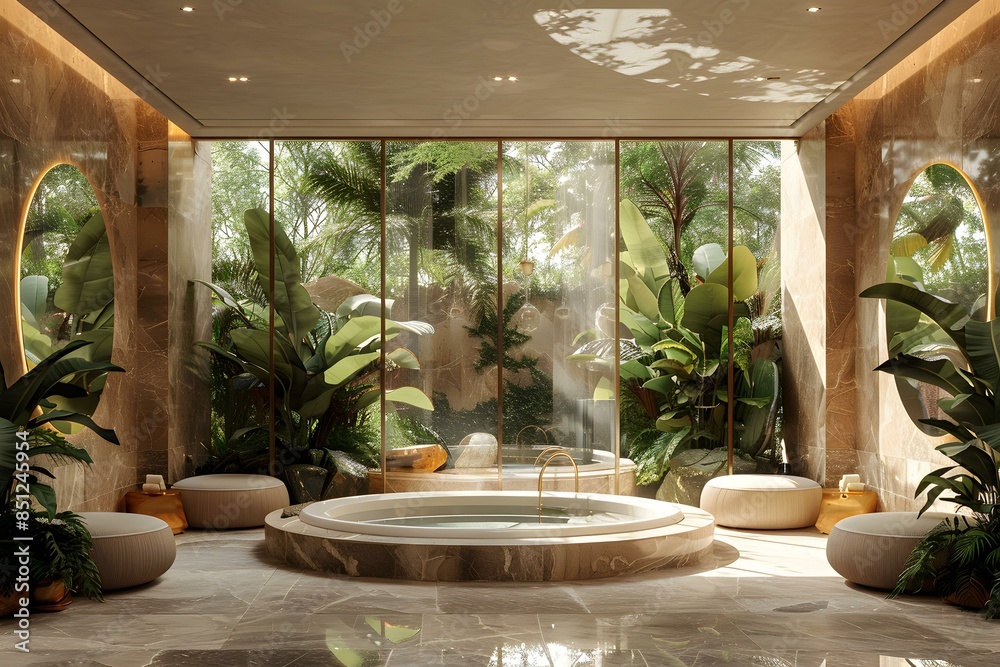 Fototapeta premium The round bathtub is placed in the center of the room. The room is full of green plants. The sunlight shines through the glass windows and into the room.