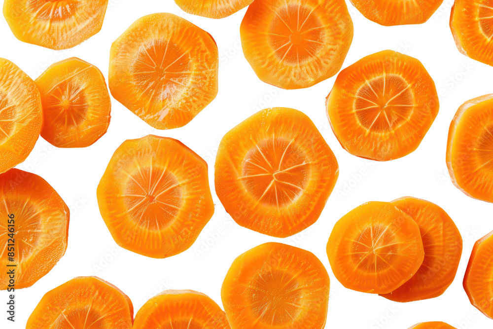 Carrots cut into thin circles are bright orange and have a star-shaped cross section on a white background. Carrots cut into thin circles are bright orange and have a star-shaped cross section on a white background.