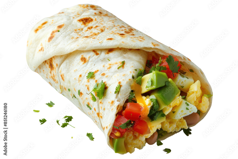 burrito filled with eggs, cheese, beans, salsa, and avocado, isolated on white background. burrito filled with eggs, cheese, beans, salsa, and avocado, isolated on white background.