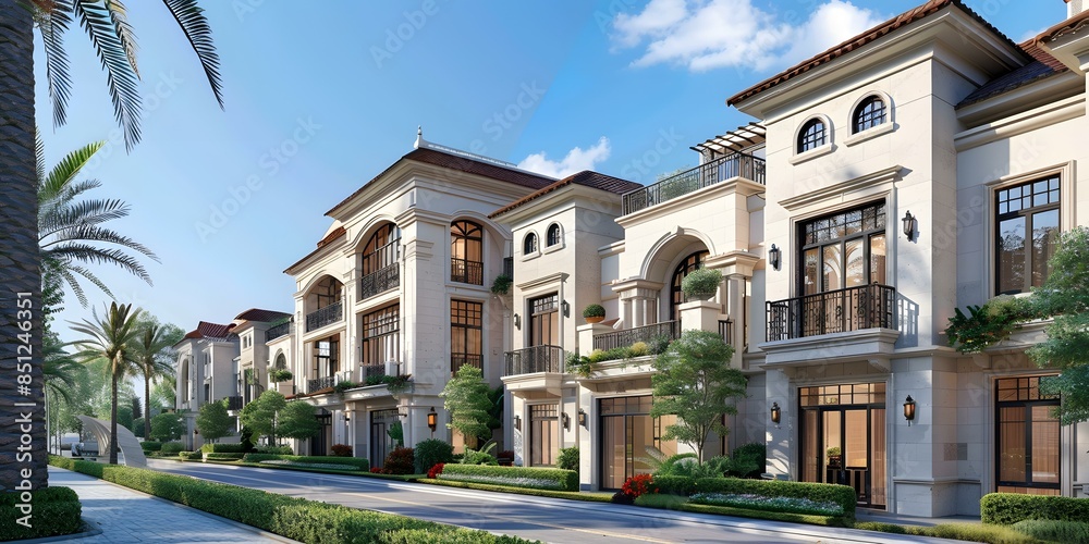 Fototapeta premium European style townhouses with palm trees