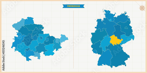 A Map highlighting Thuringia in the Germany Map, Thuringia and Germany modern map with Colorful Hi detailed Vector, geographical borders