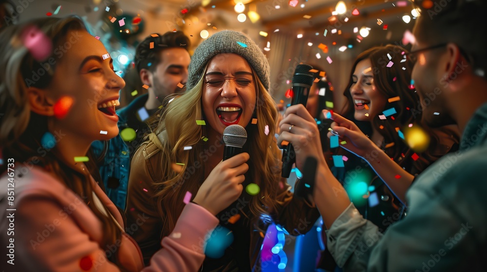 Obraz premium A lively New Year's Eve karaoke party with friends singing, cheering, and creating unforgettable memories.