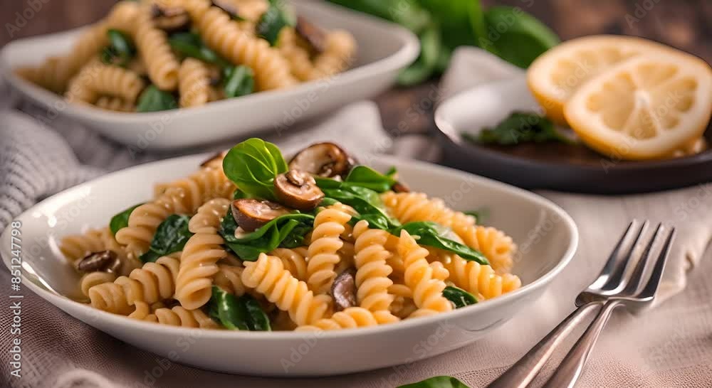 Fusilli pasta with spinach and mushrooms on a white plate. Vegan food. Italy Fusilli pasta with spinach and mushrooms on a white plate. Vegan food. Italy