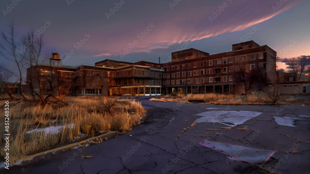 An abandoned mansion at dusk, showcasing its grand architectural features. The red roof contrasts with the fading light, highlighting the mansion's former glory. An abandoned mansion at dusk, showcasing its grand architectural features. The red roof contrasts with the fading light, highlighting the mansion's former glory.