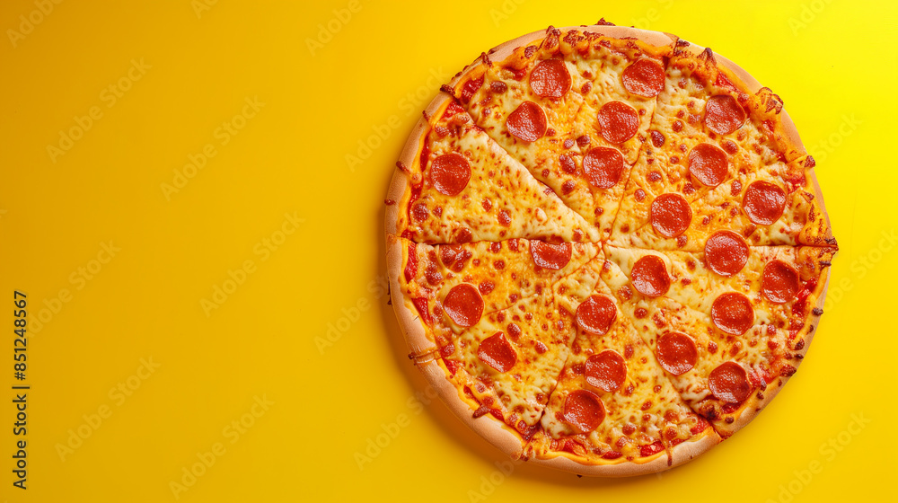 A whole delicious pizza with cheese and salami. Pizza on a bright yellow background. Top view. Restaurant, advertisement, banner. Copy space for your text. A whole delicious pizza with cheese and salami. Pizza on a bright yellow background. Top view. Restaurant, advertisement, banner. Copy space for your text.