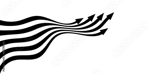 Black on white abstract perspective line stripes arrow with 3d dimensional effect isolated on white.