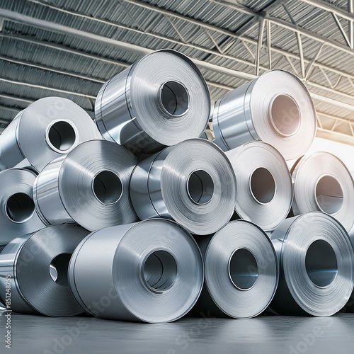 Rolls of galvanized sheet steel in factory. Large rolls of metal coils in warehouse