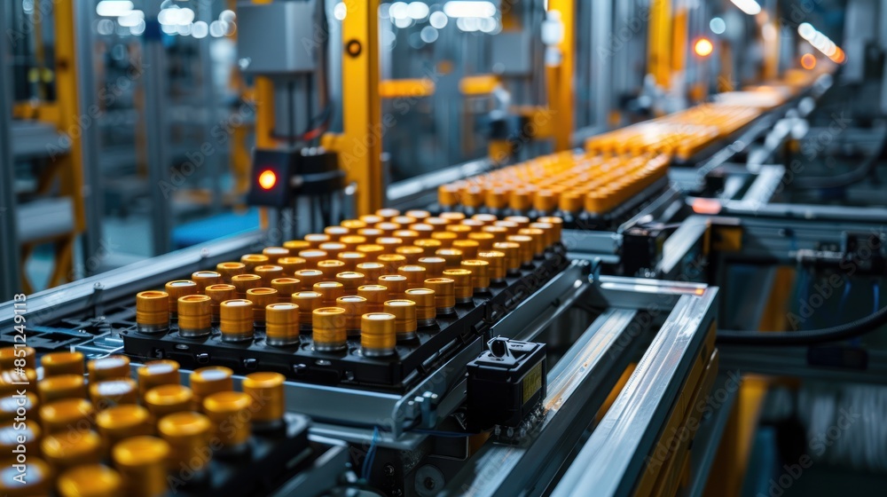 Obraz premium Conveyor Belt of Yellow Cylinders in Factory